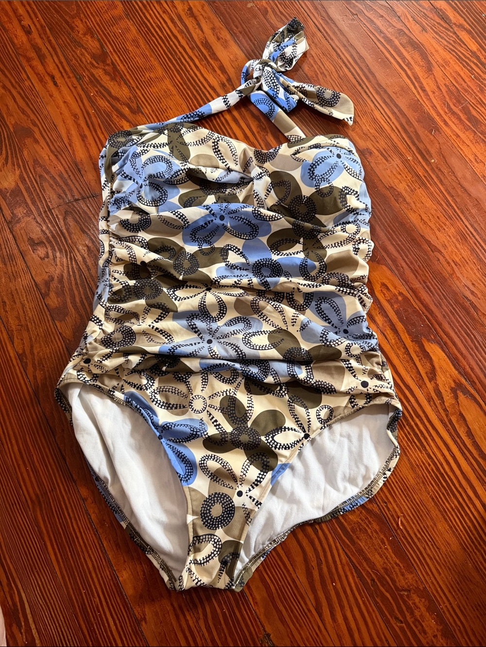 Blue and Tan Floral Halter One-Piece Swimsuit - Women